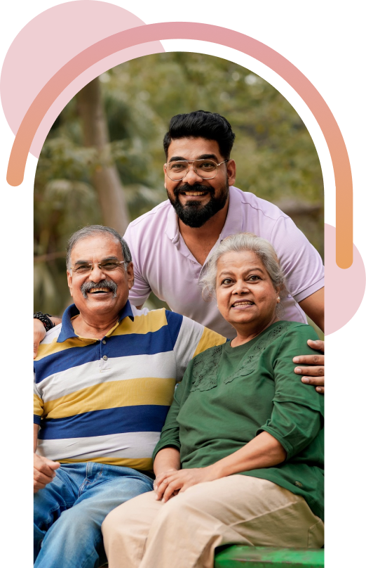 A happy family with elderly parents and son.